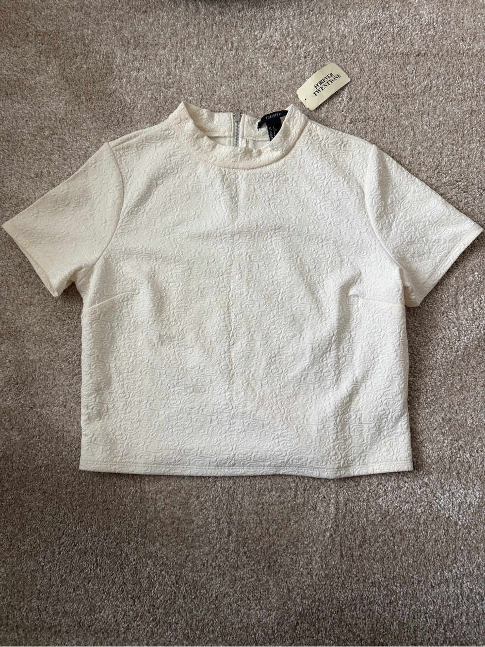Forever 21 Cream Short-Sleeve Textured Crop Mock Neck Top